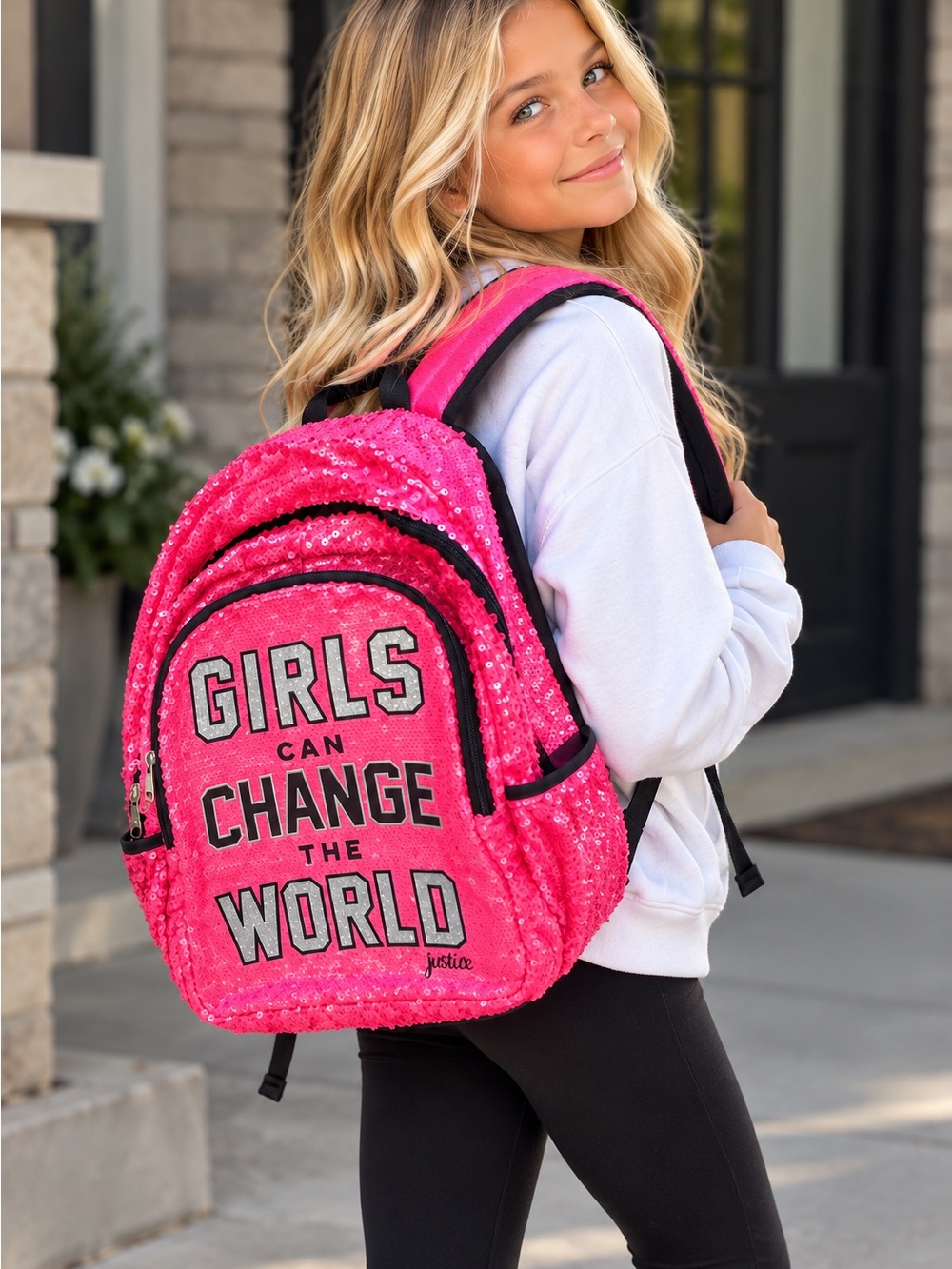 Justice Pink Sequin 'Girls Can Change The World' Backpack